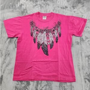 Vintage ONEITA Shirt Mens L Pink Glitter Feather Dream Catcher Tee Tribal Unisex